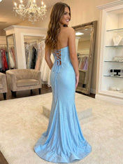 Light Blue Glitter Detail Cinched Bodice Prom Dress with Thigh-High Slit