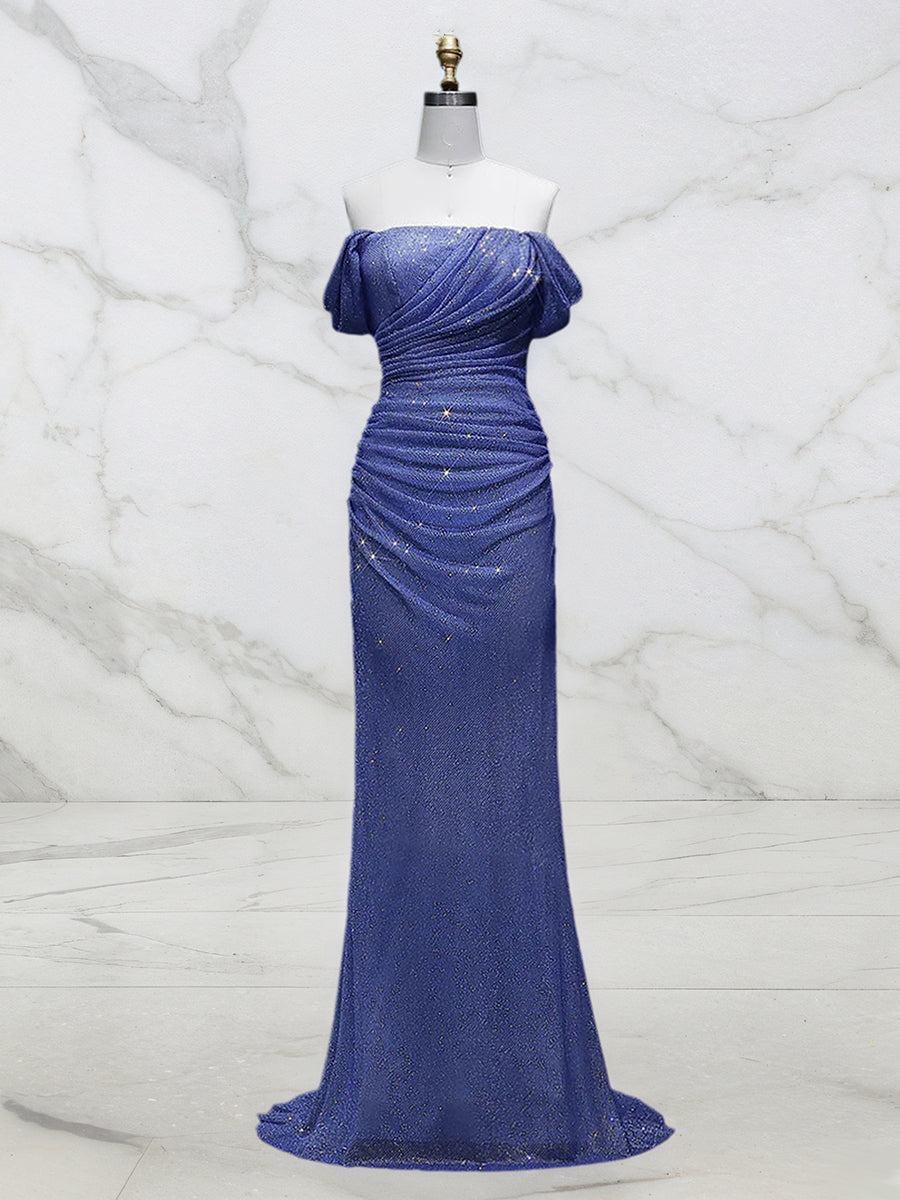 Light Blue Mermaid Off-Shoulder Ruched Long Prom Dress