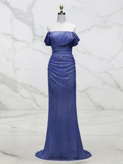 Light Blue Mermaid Off-Shoulder Ruched Long Prom Dress