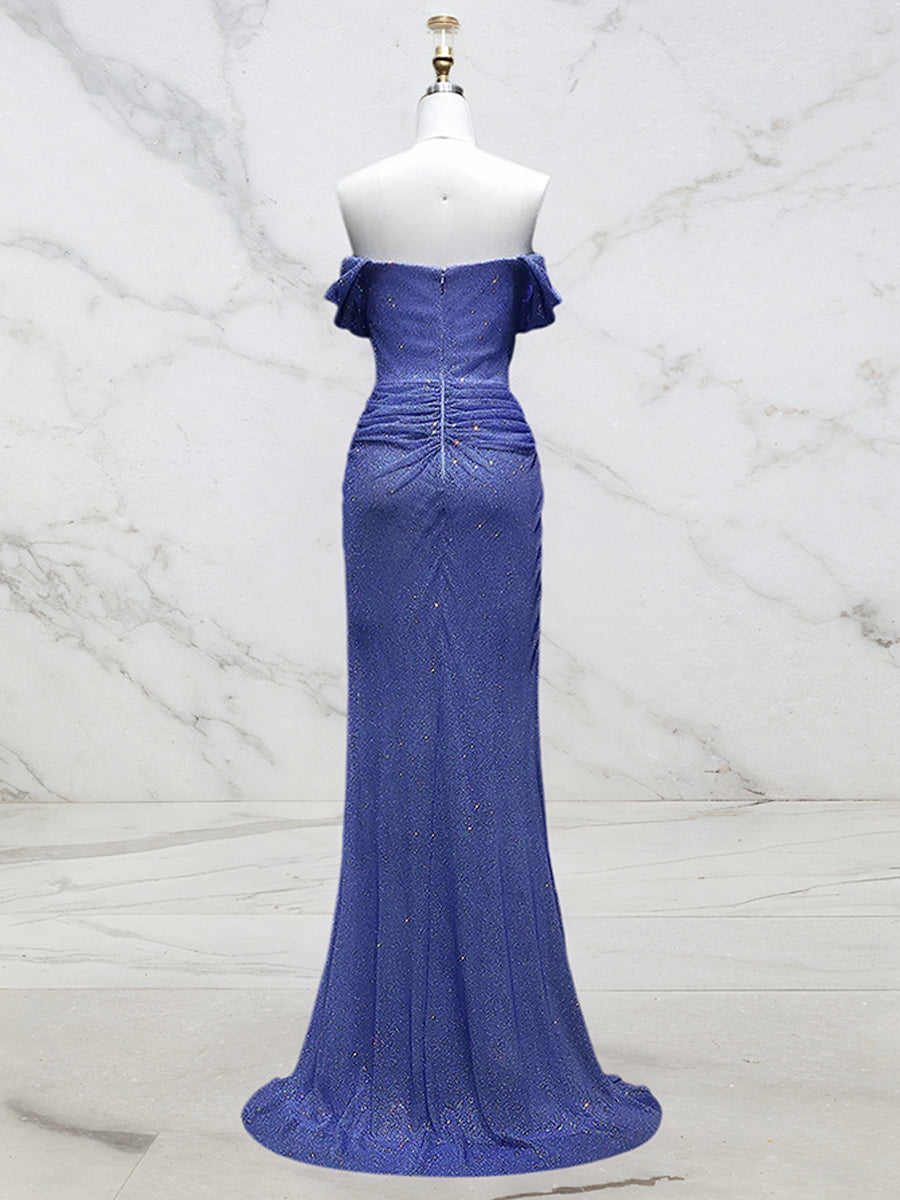 Light Blue Mermaid Off-Shoulder Ruched Long Prom Dress