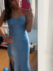 Light Blue Mermaid Spaghetti Strap Long Prom Dress with Slit