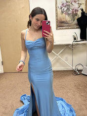 Light Blue Mermaid Spaghetti Strap Long Prom Dress with Slit
