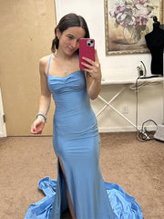 Light Blue Mermaid Spaghetti Strap Long Prom Dress with Slit