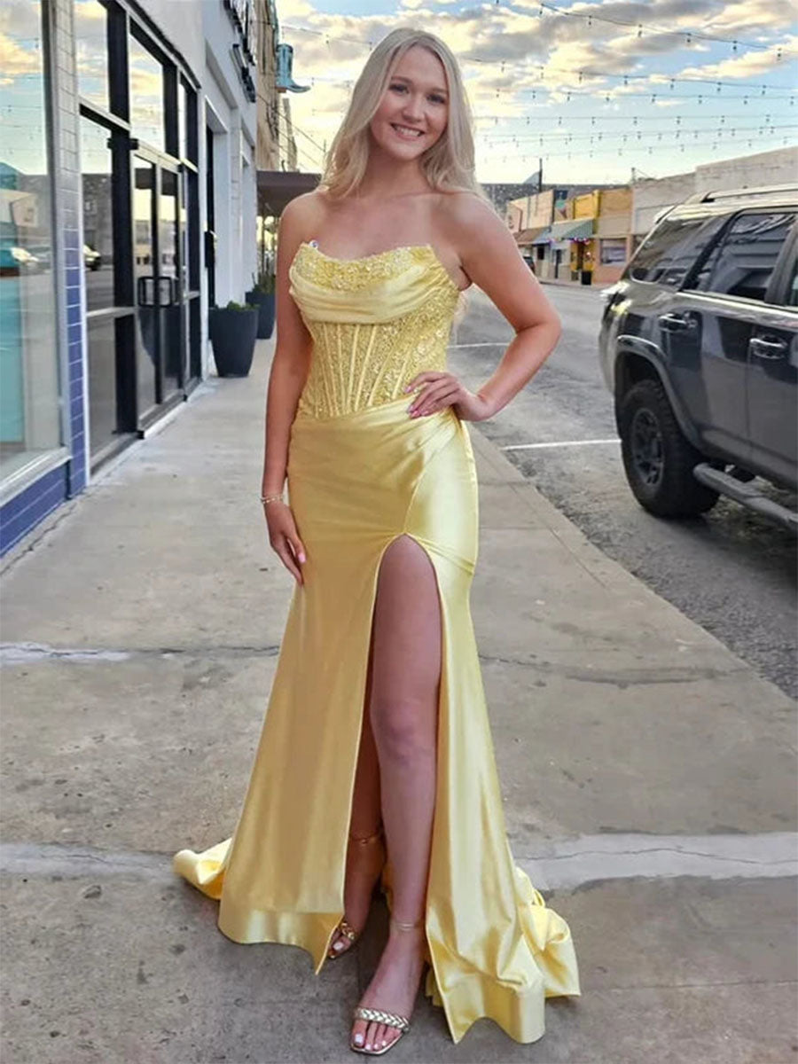 Light Blue Mermaid Strapless Applique Sweep Train Prom Dress with Slit