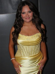 Light Blue Mermaid Strapless Applique Sweep Train Prom Dress with Slit