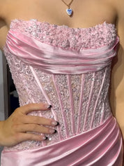 Light Blue Mermaid Strapless Applique Sweep Train Prom Dress with Slit