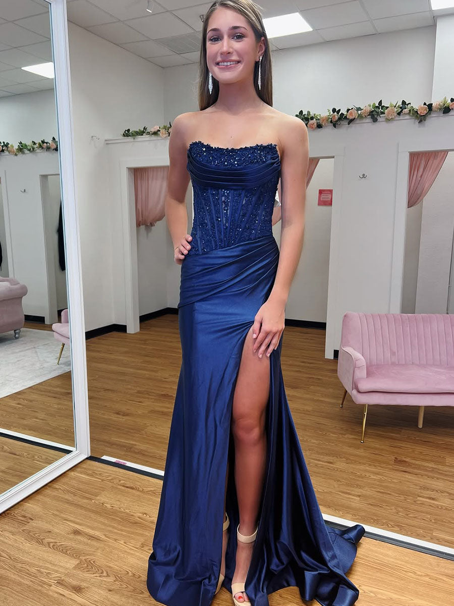 Light Blue Mermaid Strapless Applique Sweep Train Prom Dress with Slit