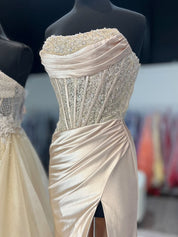 Light Blue Mermaid Strapless Applique Sweep Train Prom Dress with Slit