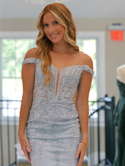Light Blue Off the Shoulder Appliques Short Homecoming Dress