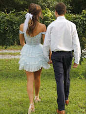 Light Blue Off the Shoulder Sequin Ruffle Short Homecoming Dress