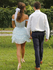 Light Blue Off the Shoulder Sequin Ruffle Short Homecoming Dress