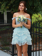 Light Blue Off the Shoulder Sequin Ruffle Short Homecoming Dress