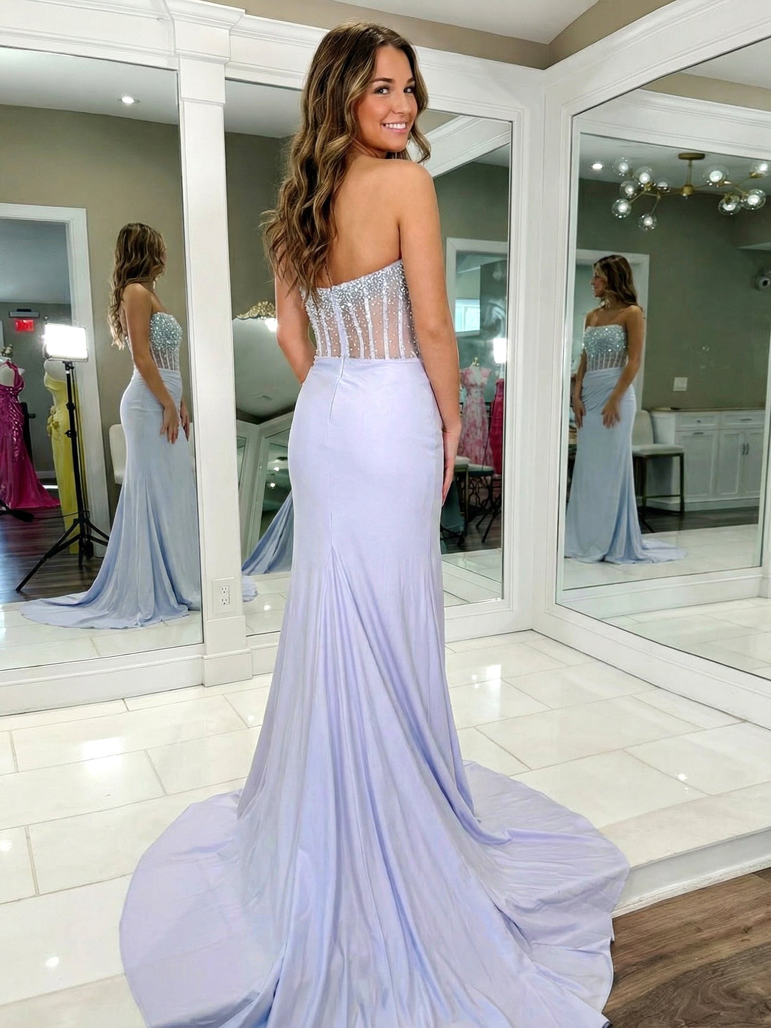 Light Blue Pearl Beaded Corset Satin Prom Dress with Slit