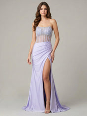 Light Blue Pearl Beaded Corset Satin Prom Dress with Slit