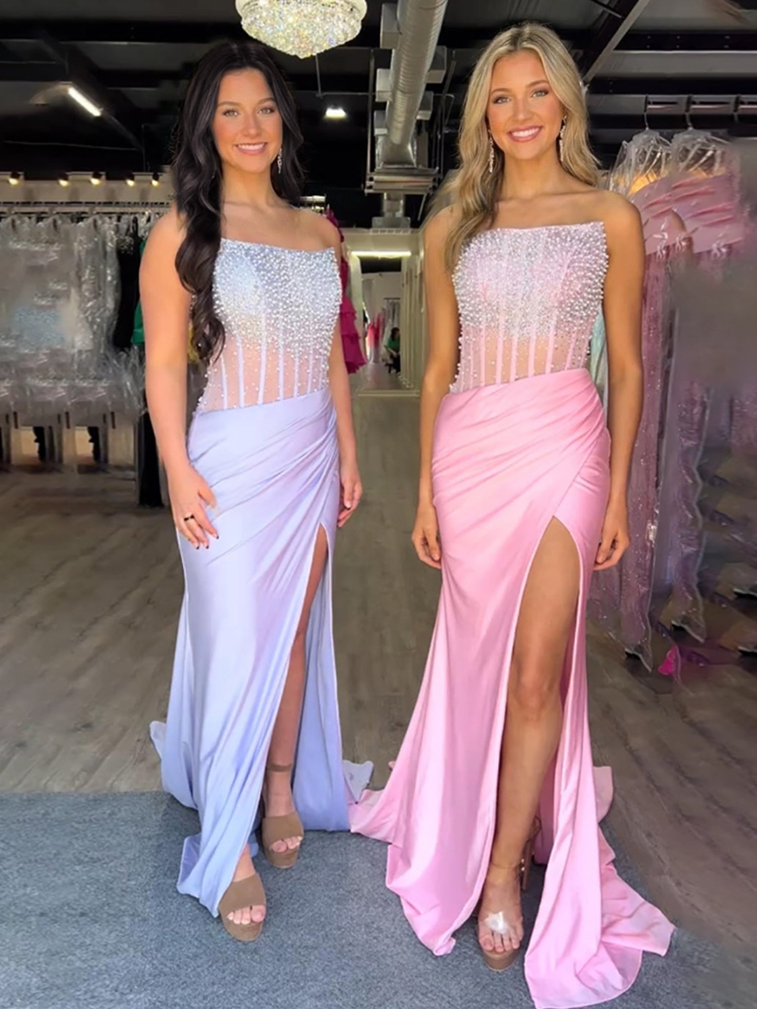 Light Blue Pearl Beaded Corset Satin Prom Dress with Slit