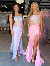 Light Blue Pearl Beaded Corset Satin Prom Dress with Slit