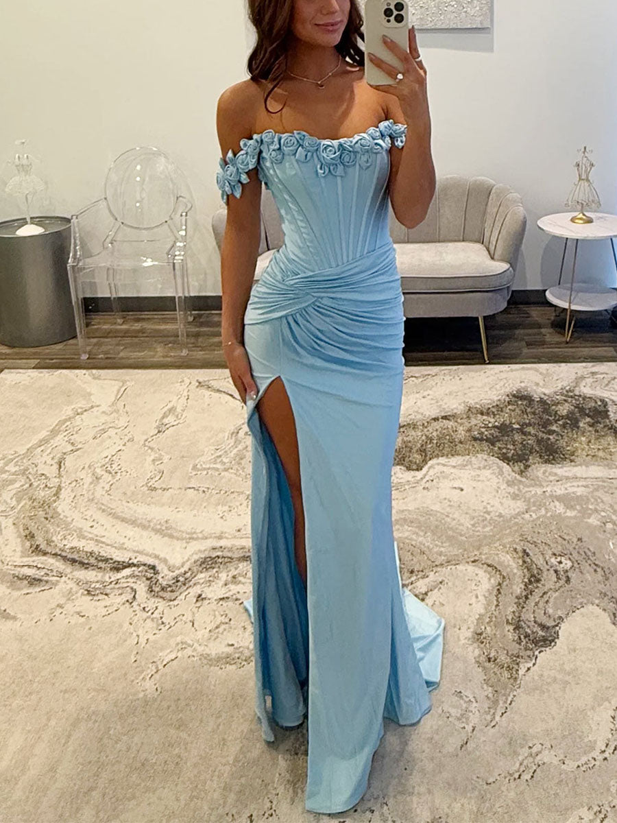 Light Blue Satin Corset Prom Dress with 3D Rosettes