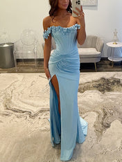 Light Blue Satin Corset Prom Dress with 3D Rosettes