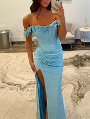 Light Blue Satin Corset Prom Dress with 3D Rosettes
