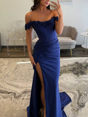 Light Blue Satin Corset Prom Dress with 3D Rosettes