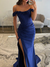 Light Blue Satin Corset Prom Dress with 3D Rosettes