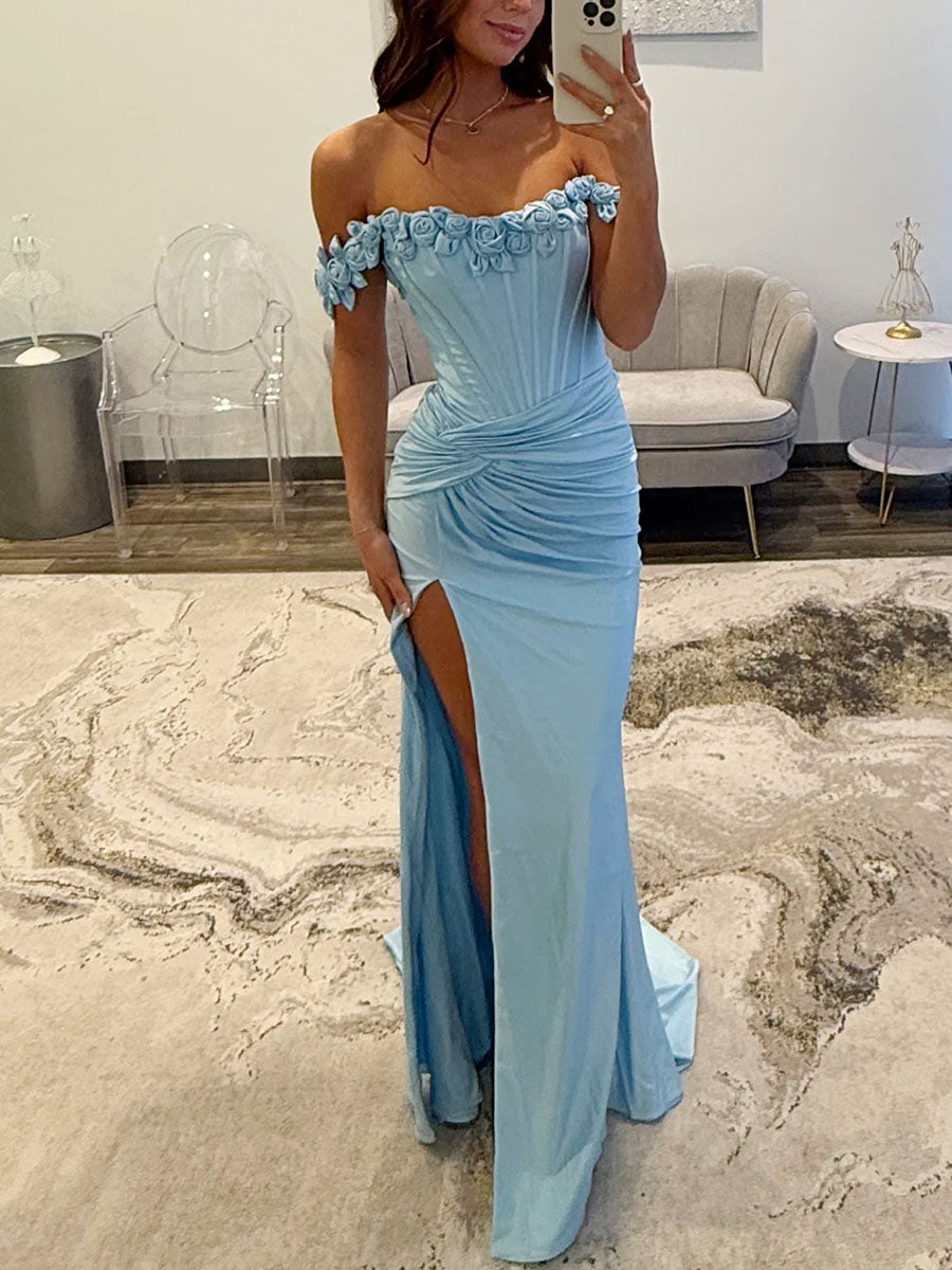 Light Blue Satin Corset Prom Dress with 3D Rosettes