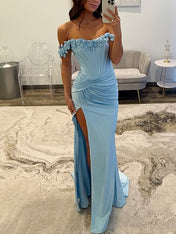 Light Blue Satin Corset Prom Dress with 3D Rosettes