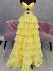 Hot Pink Strapless Cutout Tiered Ruffle Long Prom Dress with Slit