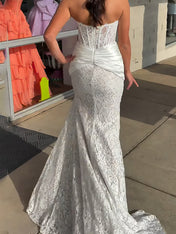 Light Blue Satin Lace Floral Corset Mermaid Long Prom Dress