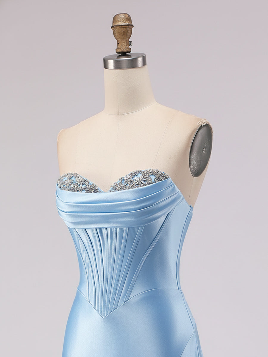 Light Blue Satin Strapless Corset Prom Dress with Slit
