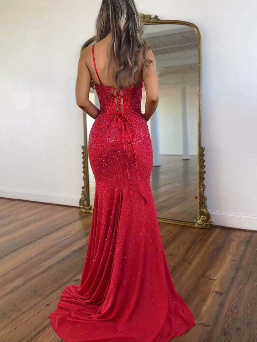 Light Blue Spaghetti Straps Lace-Up Corset Prom Dress with Slit