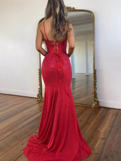 Light Blue Spaghetti Straps Lace-Up Corset Prom Dress with Slit