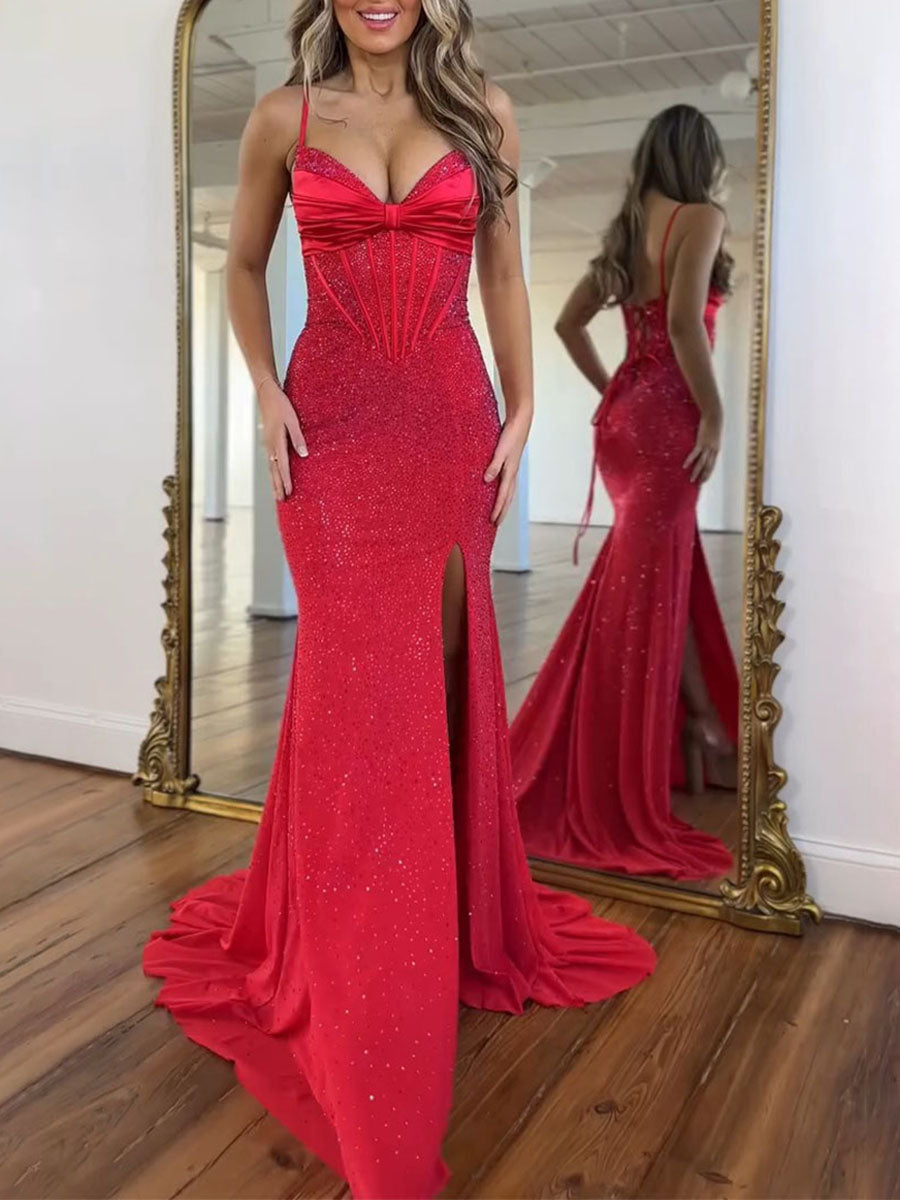 Light Blue Spaghetti Straps Lace-Up Corset Prom Dress with Slit