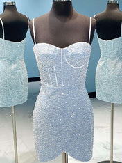 Light Blue Spaghetti Straps Sequin Short Homecoming Dress with Crystals