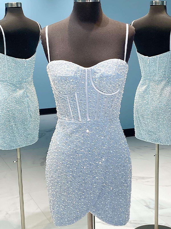 Light Blue Spaghetti Straps Sequin Short Homecoming Dress with Crystals