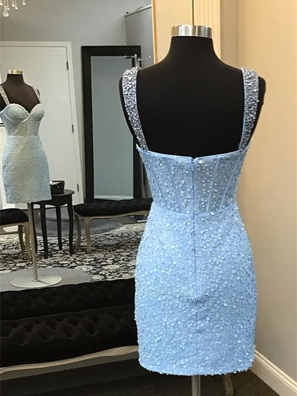 Light Blue Straps Sequin Bodycon Short Homecoming Dress