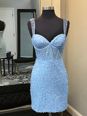 Light Blue Straps Sequin Bodycon Short Homecoming Dress