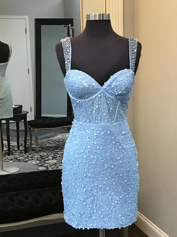 Dreamylily Women Light Blue Straps Sequin Bodycon Short Homecoming Dress