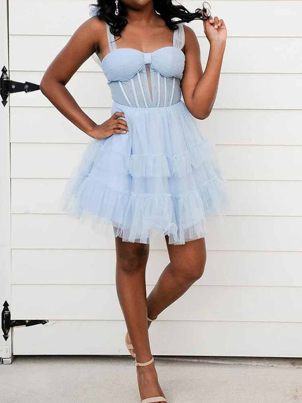 Light Blue Sweetheart Bow Straps Tulle A-Line Tiered Short Homecoming Dress