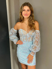 Light Blue Sweetheart Lace Embroidery Tight Homecoming Dress