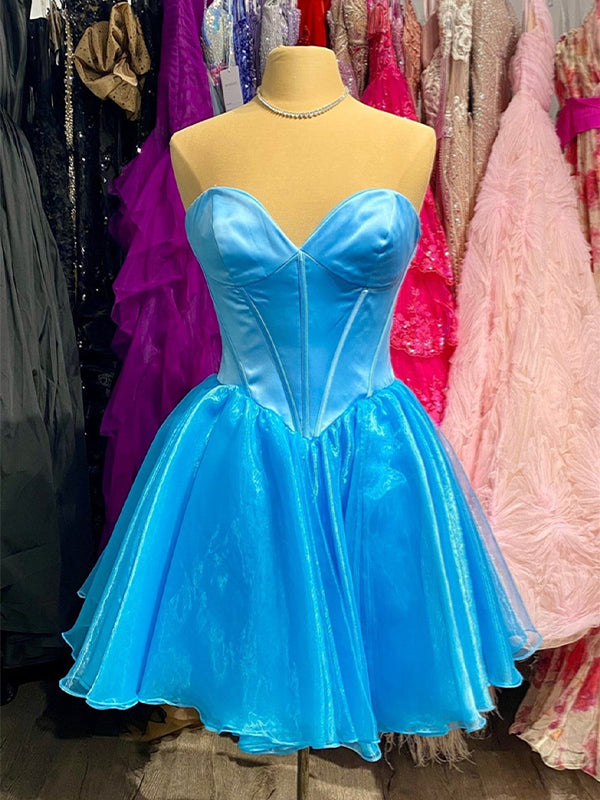 Light Blue Sweetheart Strapless Tulle A-Line Homecoming Dress