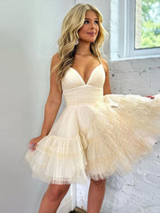Light Champagne A Line Tulle Short Homecoming Dress Spaghetti Straps with Ruffles