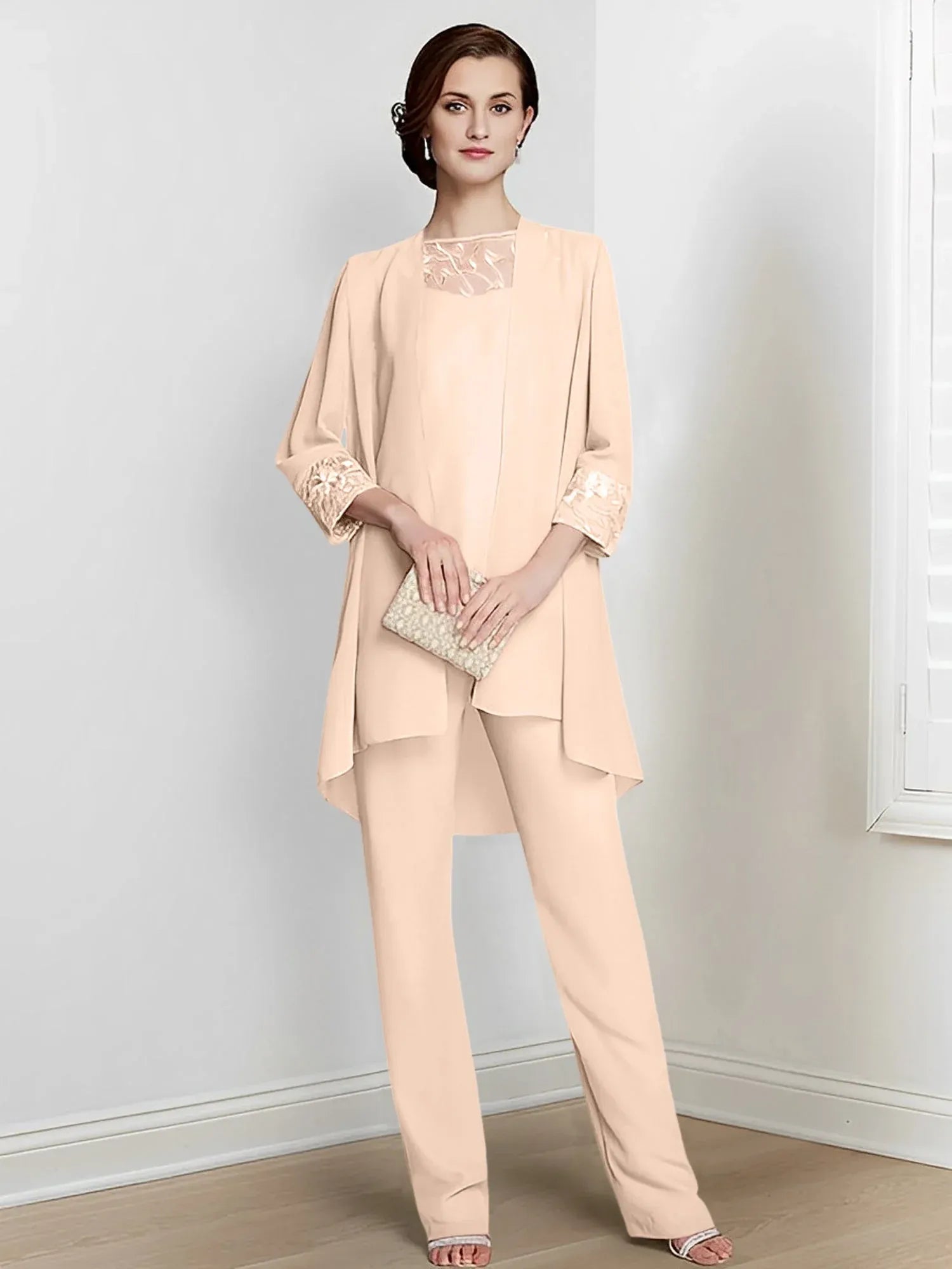 Tailleur-pantalon en mousseline à manches longues pour mère de la mariée avec veste 