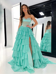 Light Green A-Line Sweetheart Strapless Empire Tiered Beaded Chiffon Prom Dress