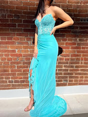 Turquoise Mermaid Strapless Empire Appliques Ruffled Party Prom Dress