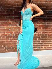 Light Green Mermaid Strapless Empire Appliques Ruffled Party Prom Dress