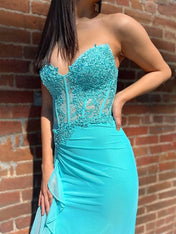 Turquoise Mermaid Strapless Empire Appliques Ruffled Party Prom Dress