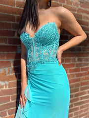 Light Green Mermaid Strapless Empire Appliques Ruffled Party Prom Dress