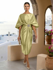 Half Sleeves Mermaid Satin Tea Length Long Evening Dresses with 3D Flower