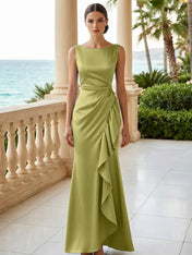 Dusty Blue Scoop Neck Evening Dress with Ruffle Mermaid Maxi Dress